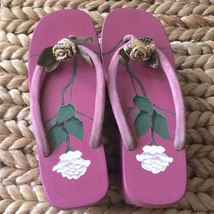 Vintage hand painted wooden flip-flops Indonesian